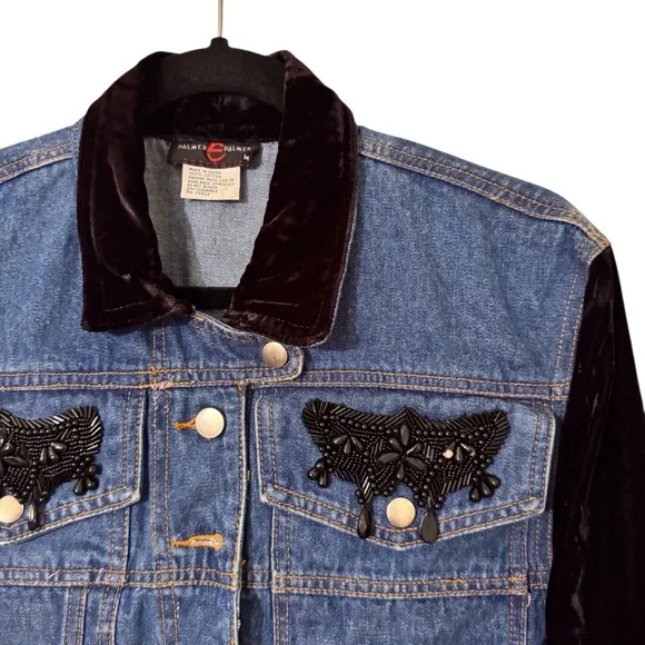 Palmer E Palmer Australia VTG Medium Western Velvet Embellished Denim Jacket - Picture 2 of 7